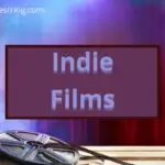 Indie films title card in front of a cinema or movie theater curtain, with film reels and clapperboard on table