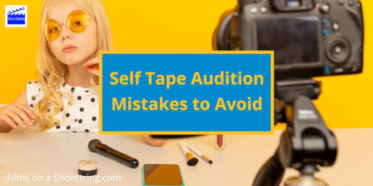 Self Tape Audition Mistakes to Avoid title card in front of a camera recording a child actor wearing glasses, with makeup and mobile phone on counter, distracting background colour