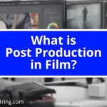 What is Post Production in Film title card against the backdrop of a film editing suite