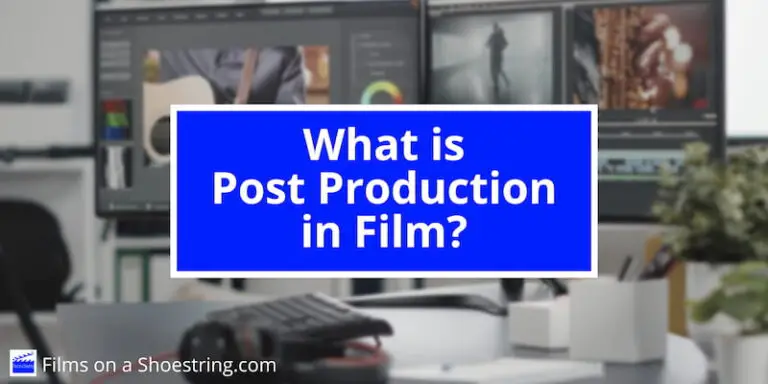 What is Post Production in Film title card against the backdrop of a film editing suite