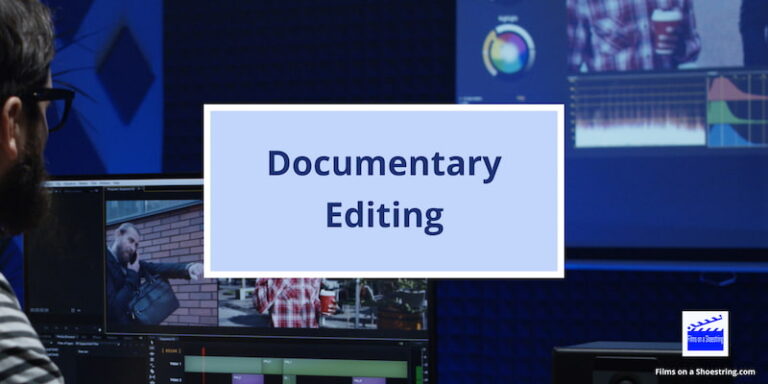 Documentary Editing title card in front of a documentary editor using documentary filmmaking editing software