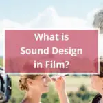 What is Sound Design in Film? title card in front of a boom operator and cameraman while a makeup artist applies powder to the face of an actress